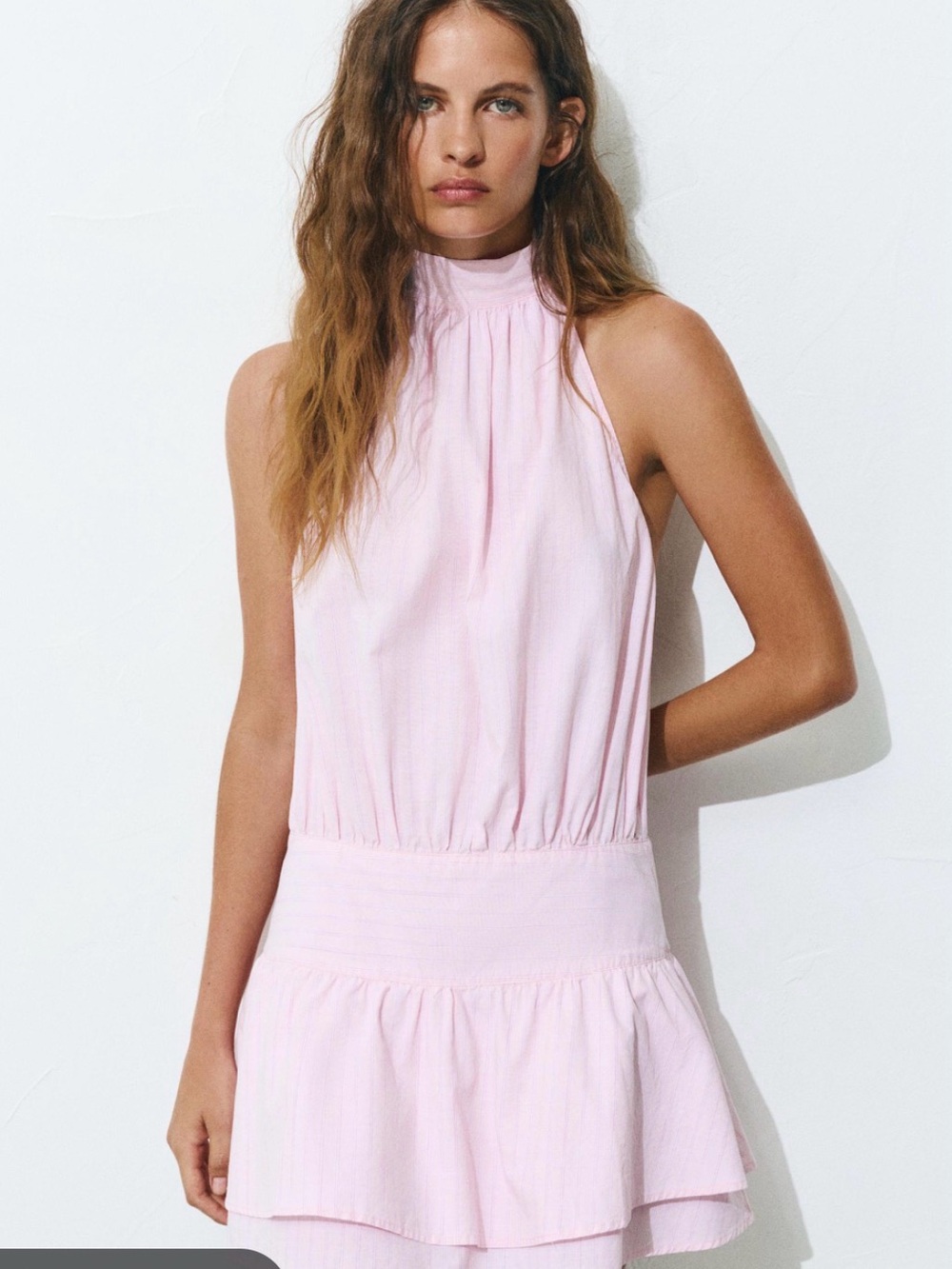 Sleeveless Pink High-Neck Tiered Mini Dress
